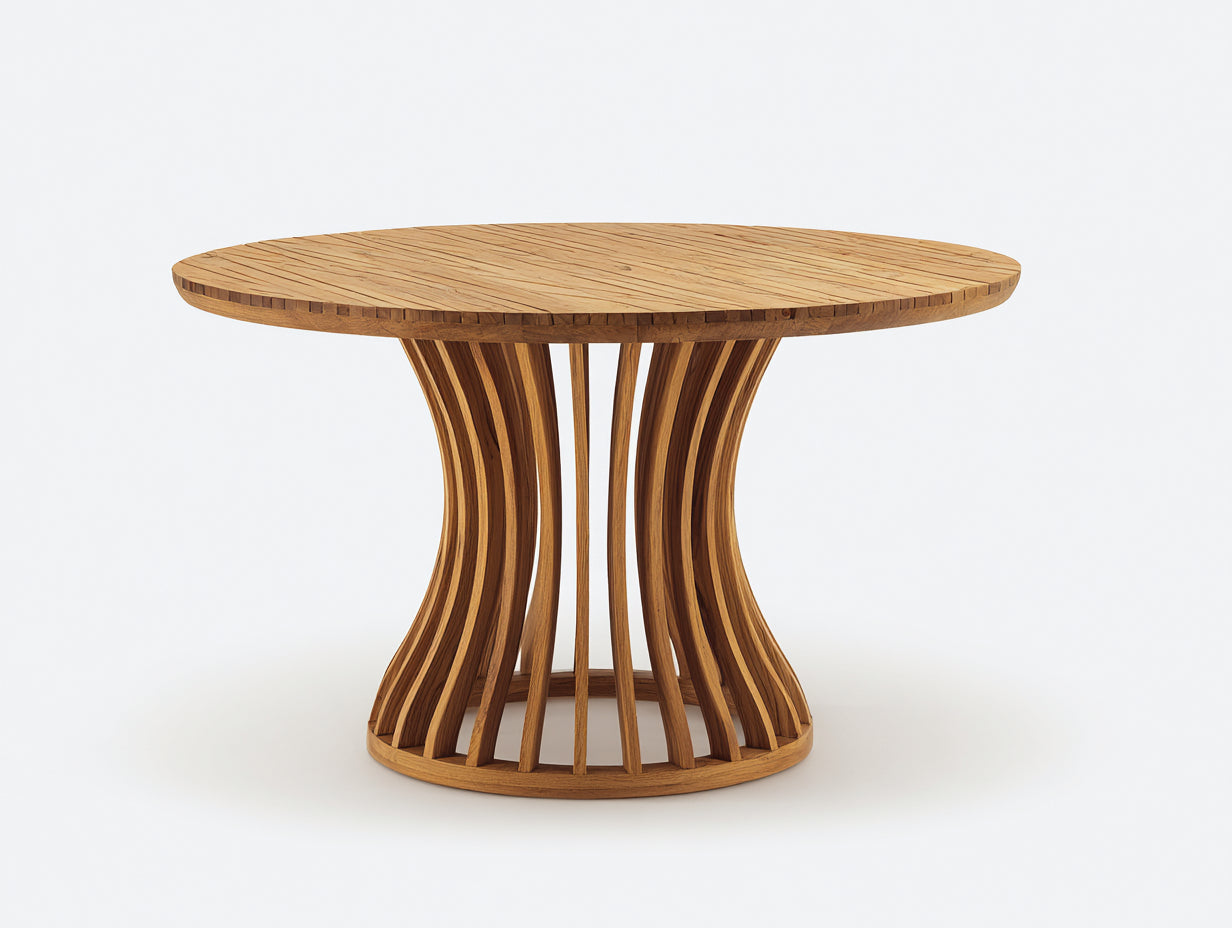 Mesas de jardín redondas de madera maciza 118x118x75 cm - Madera natural - Tablero circular con base central curvada para terraza y patio