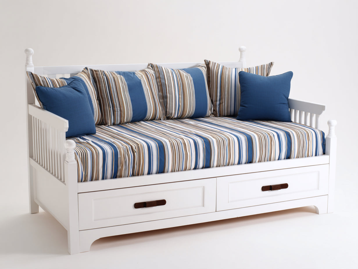 Sofá cama de madera 205x95x90 cm - Blanco y azul - Diseño individual con 2 cajones