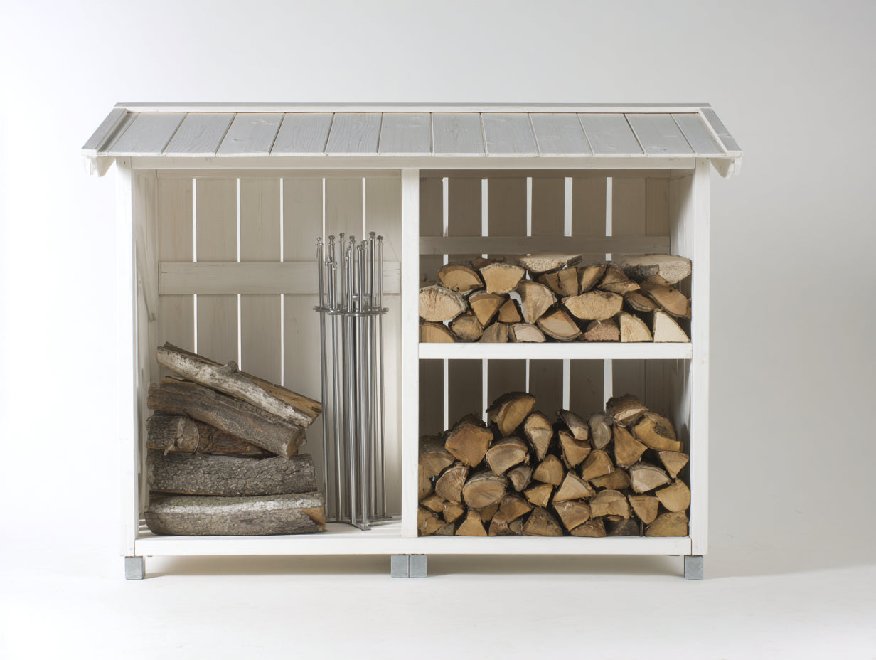 Leñero de jardín de madera 180 x 45 x 100 cm - blanco - almacenamiento exterior con estantes y techo protector