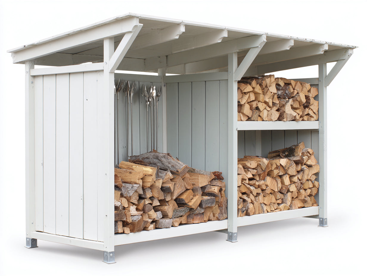 Leñero de jardín de madera 240 x 90 x 190 cm - Blanco-Gris claro - 3 compartimentos con tejado inclinado
