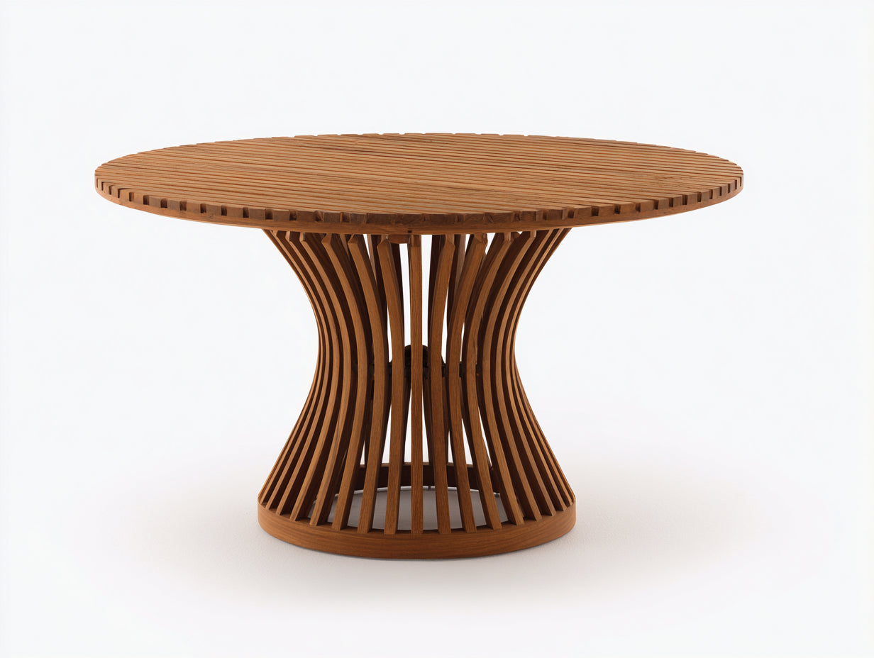 Mesa de jardín redonda de madera 140x140x75 cm - Marrón natural - Tablero de lamas y base central curvada