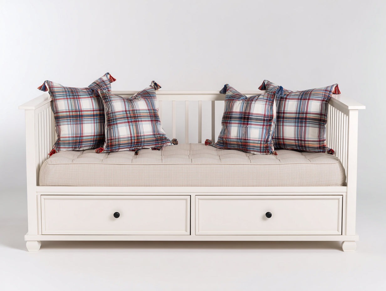 Sofás cama de madera y tela 210 x 100 x 92 cm - Blanco-Crema - Diseño clásico con 2 cajones de almacenamiento