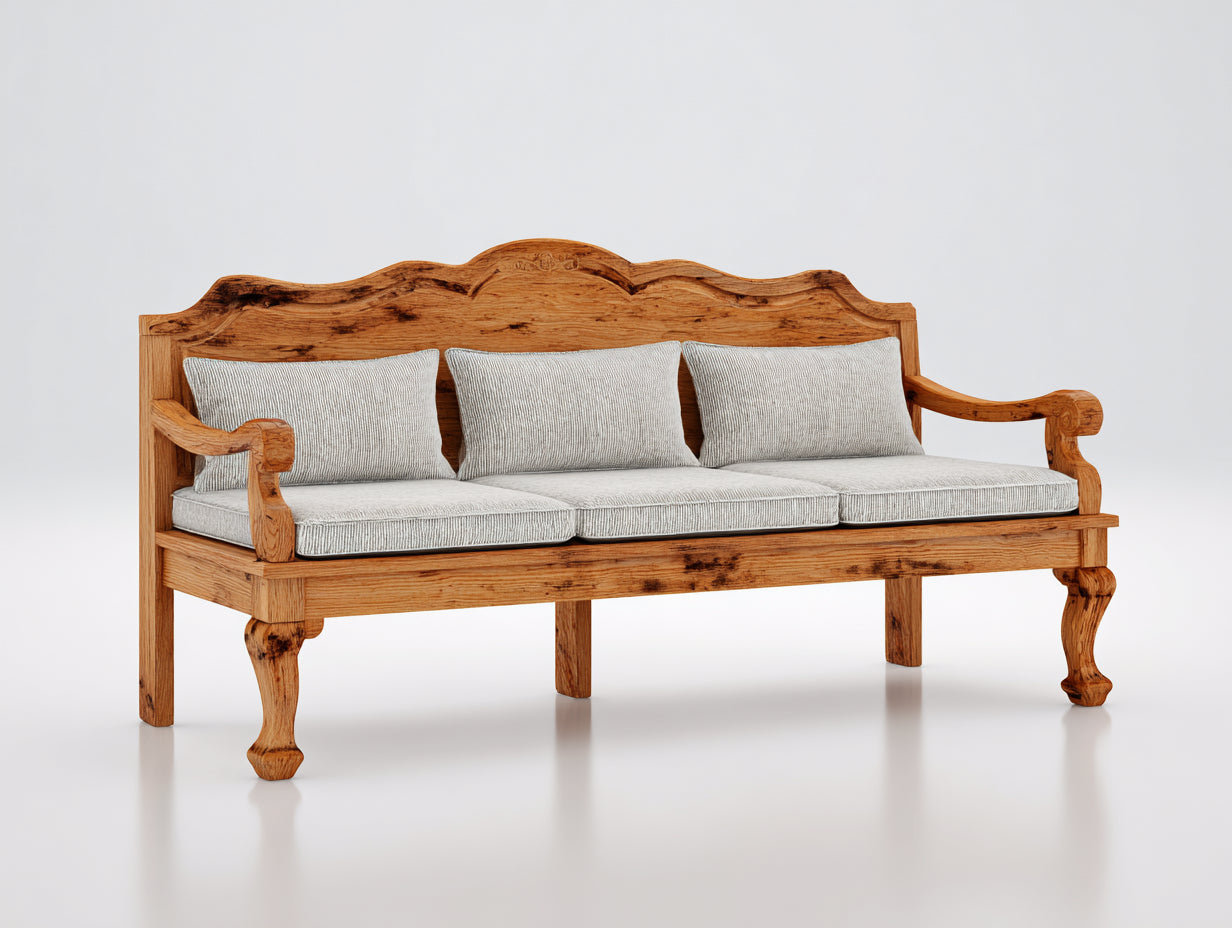 Banco de jardín de madera 185 x 68 x 98 cm - Marrón natural y beige - Tres plazas con respaldo tallado