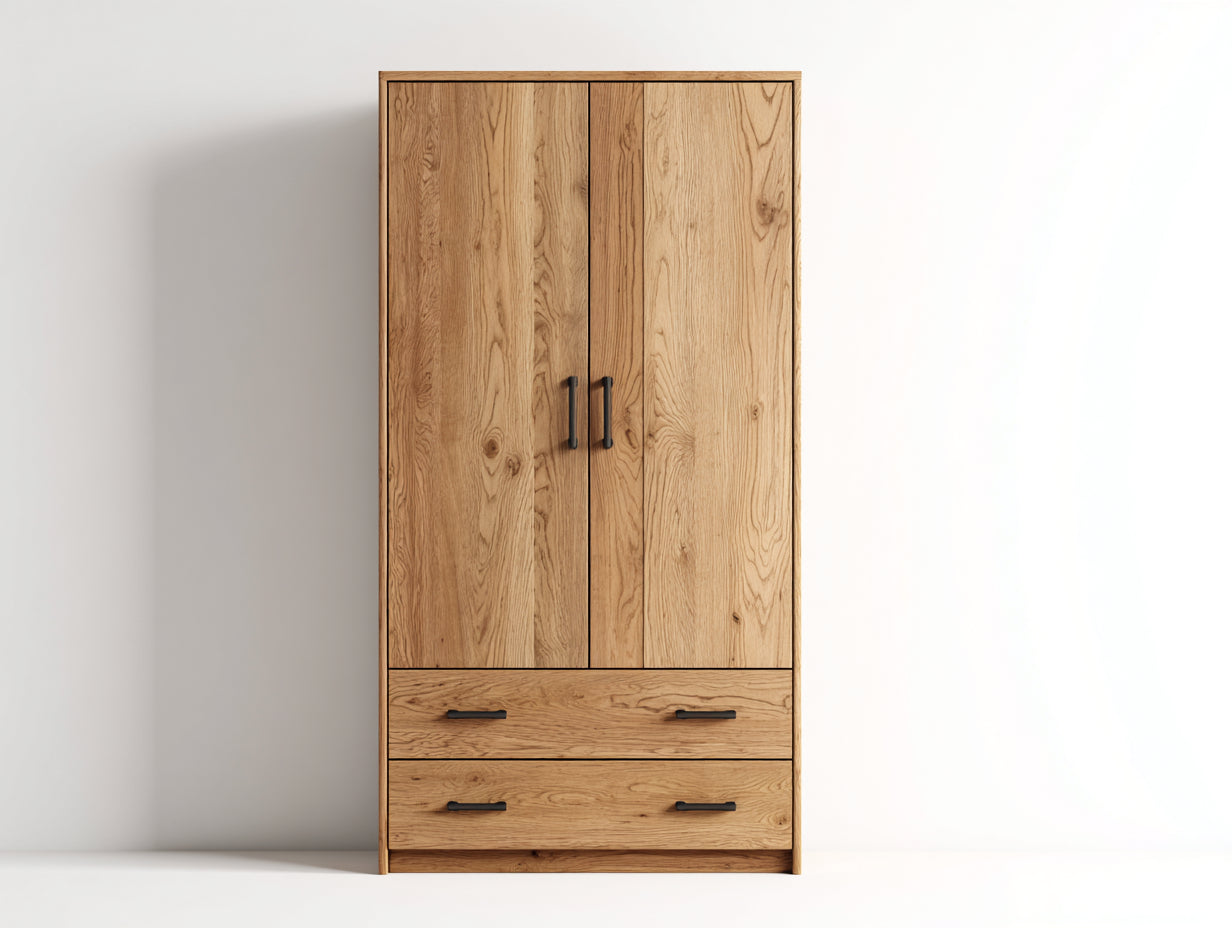 Armarios madera acabado roble 90 x 50 x 190 cm - color natural con 2 puertas y 2 cajones - diseño moderno para dormitorio y almacenamiento