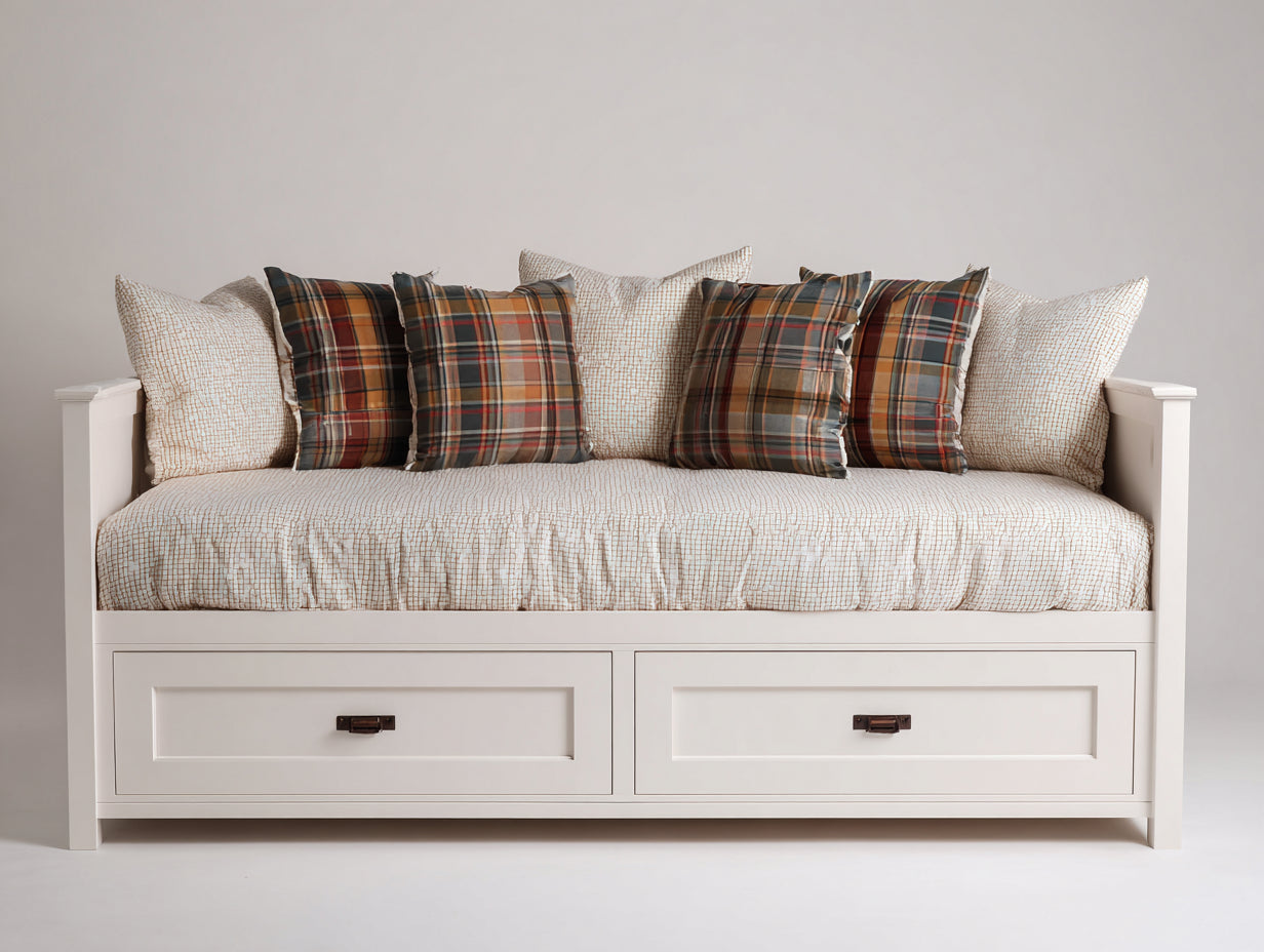 Sofás cama de madera y tela 210 x 100 x 90 cm - Blanco-Crema - Diseño moderno con 2 cajones de almacenamiento