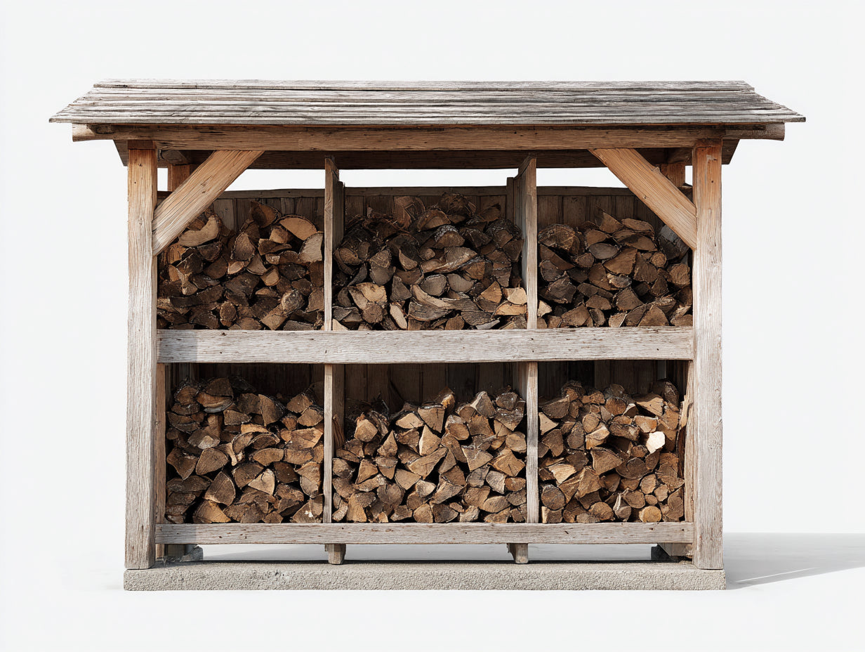 Leñero de jardín de madera 220x70x190 cm - Madera natural-Blanco - Diseño de 6 compartimentos con tejado inclinado para almacenamiento exterior