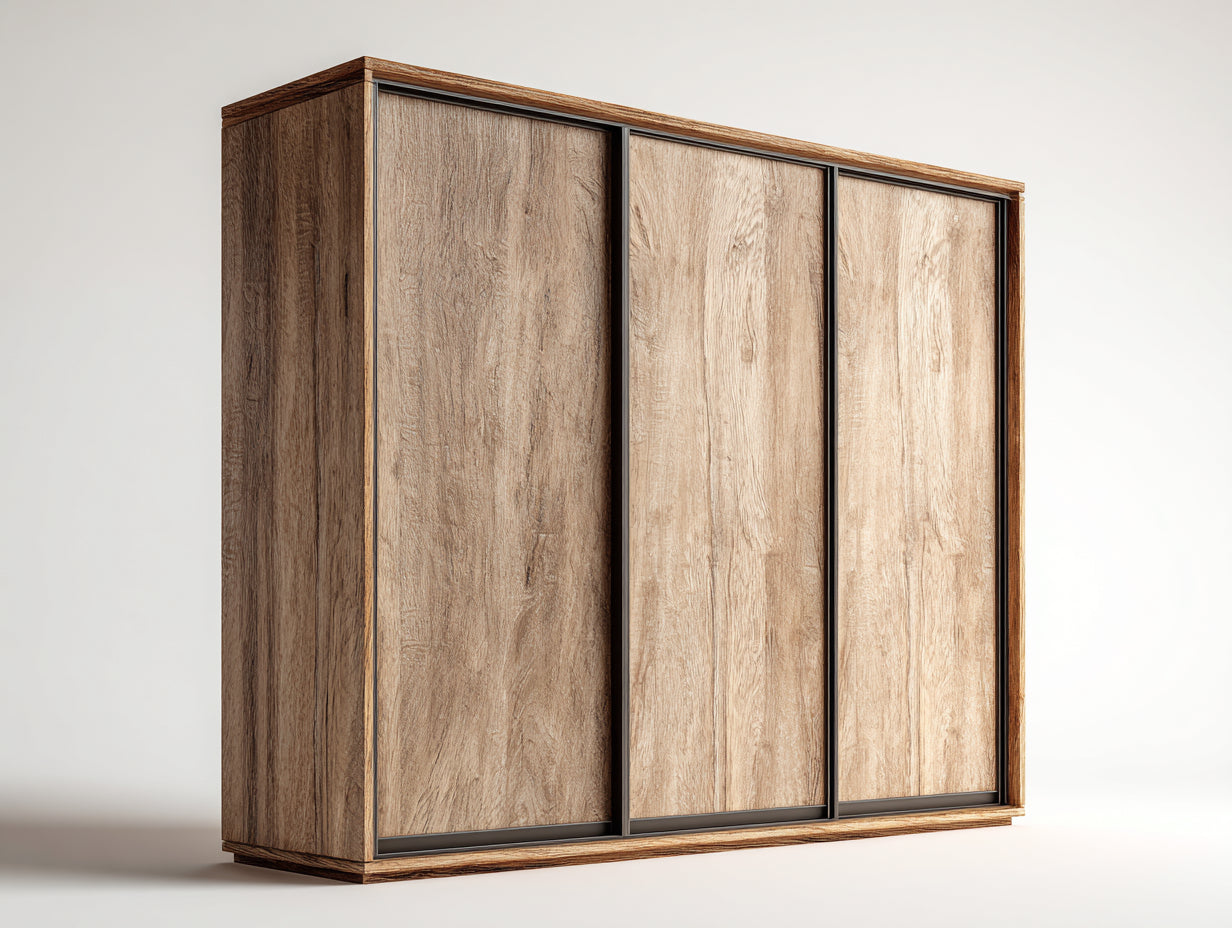 Armarios de madera 240 x 65 x 220 cm - Madera natural-Negro - 3 puertas correderas y diseño moderno