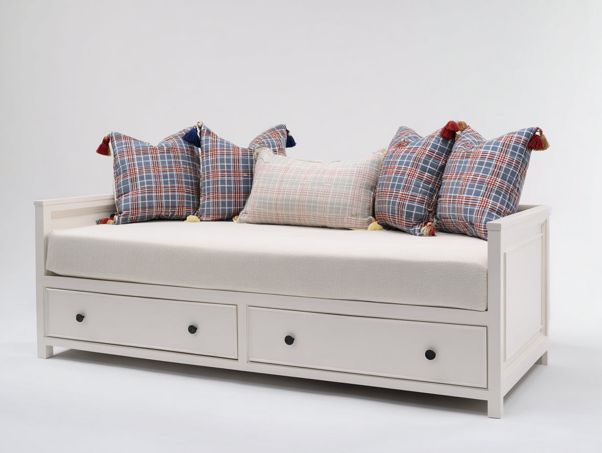 Sofás cama de madera y tela 210 x 100 x 90 cm - Blanco-Crema - Diseño clásico con 2 cajones de almacenamiento