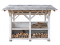 Leñero de jardín de madera 220 x 85 x 200 cm - Blanco-Gris - Estructura abierta con 2 compartimentos y tejado inclinado