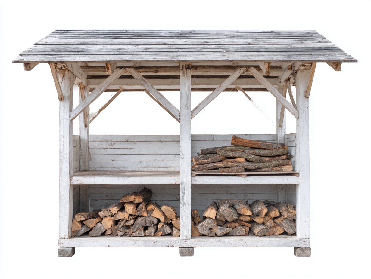 Leñero de jardín de madera 220 x 85 x 200 cm - Blanco-Gris - Estructura abierta con 2 compartimentos y tejado inclinado