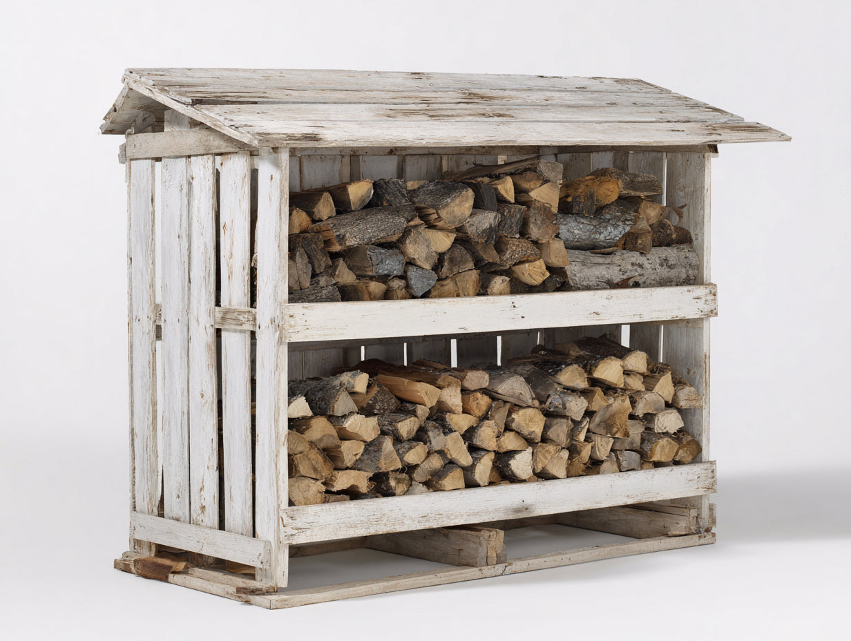 Leñero de jardín de madera 160x75x175 cm - Blanco-Madera natural - Diseño de 2 niveles con tejado inclinado para almacenamiento exterior