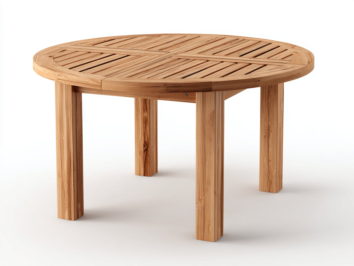 Mesas de jardín redonda de madera maciza 115x115x75 cm - Madera natural - Tablero de lamas con cuatro patas para terraza y patio