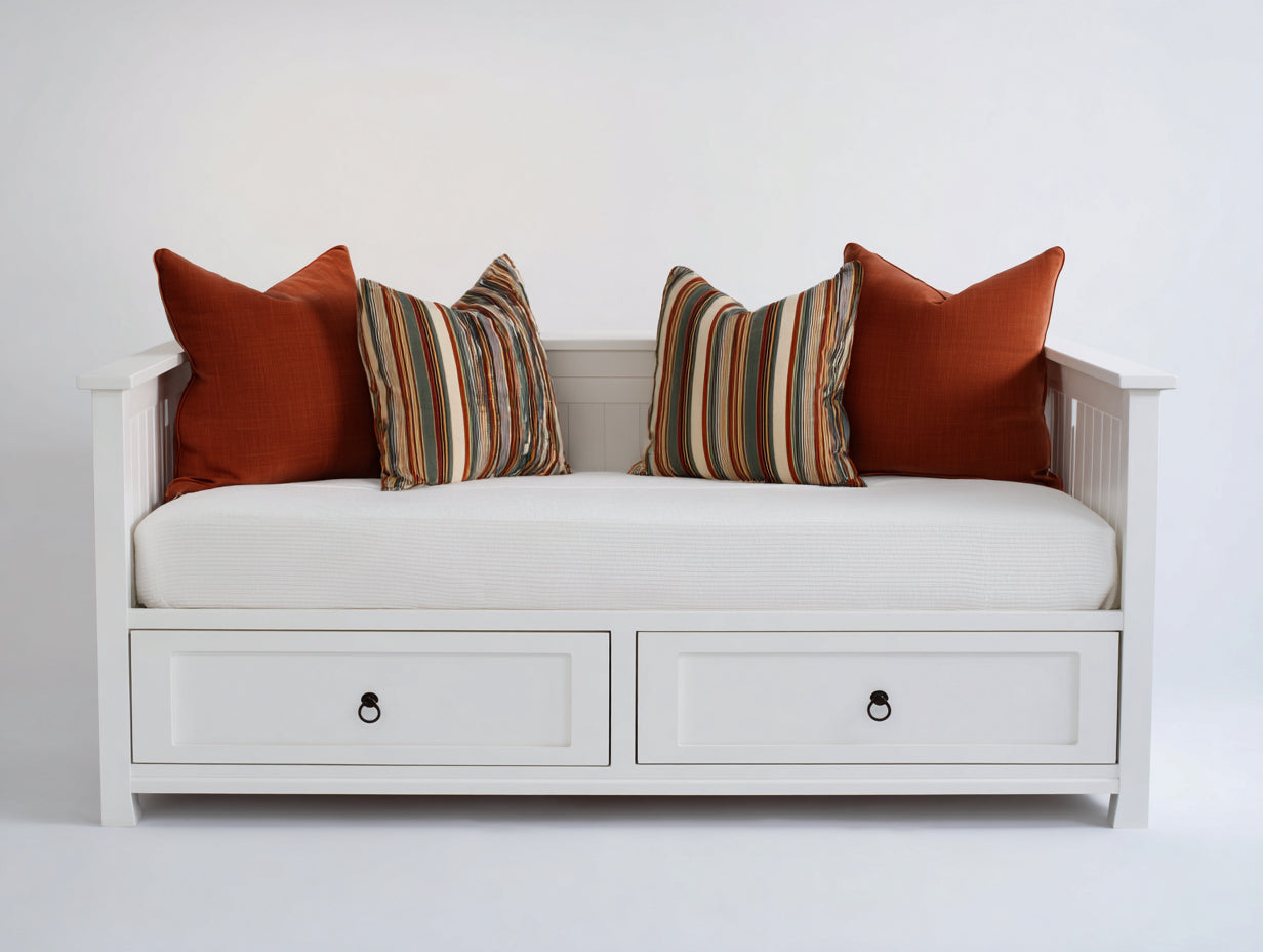 Sofás cama de madera y tela 210 x 100 x 90 cm - Blanco-Crema - Diseño clásico con 2 cajones de almacenamiento