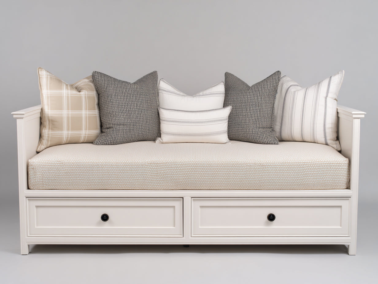 Sofás cama de madera y tela 210 x 100 x 90 cm - Blanco-Crema - Diseño clásico con 2 cajones de almacenamiento