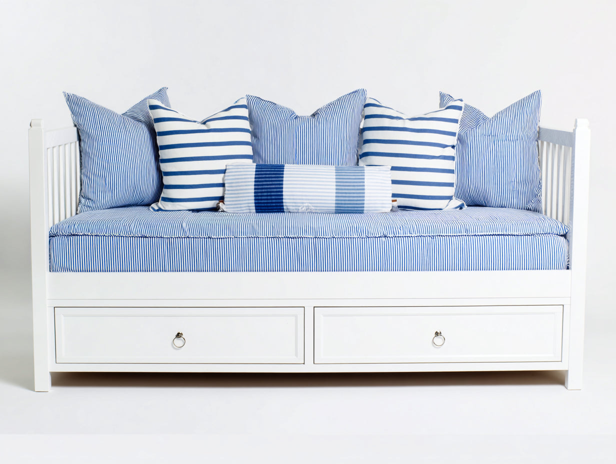 Sofá cama de madera 205x95x88 cm - Blanco y azul - Diseño individual con 2 cajones