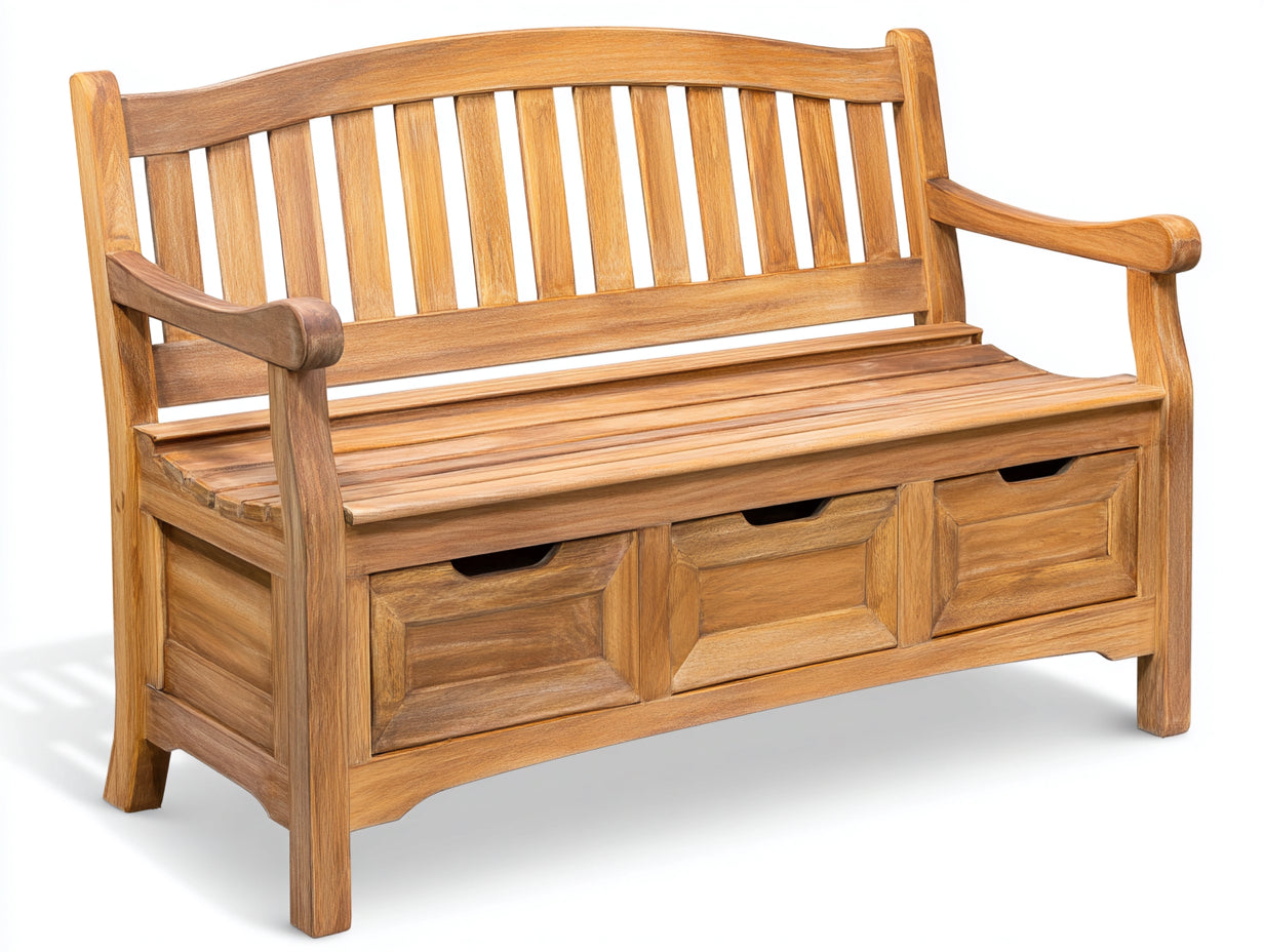 Bancos de jardín de madera maciza 165x63x92 cm - Madera natural - Asiento de lamas con 3 cajones de almacenamiento y reposabrazos para terraza y patio