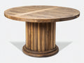 Mesas de jardín redondas de madera maciza 120x120x76 cm - Madera natural - Tablero de lamas con base central cilíndrica para terraza y patio