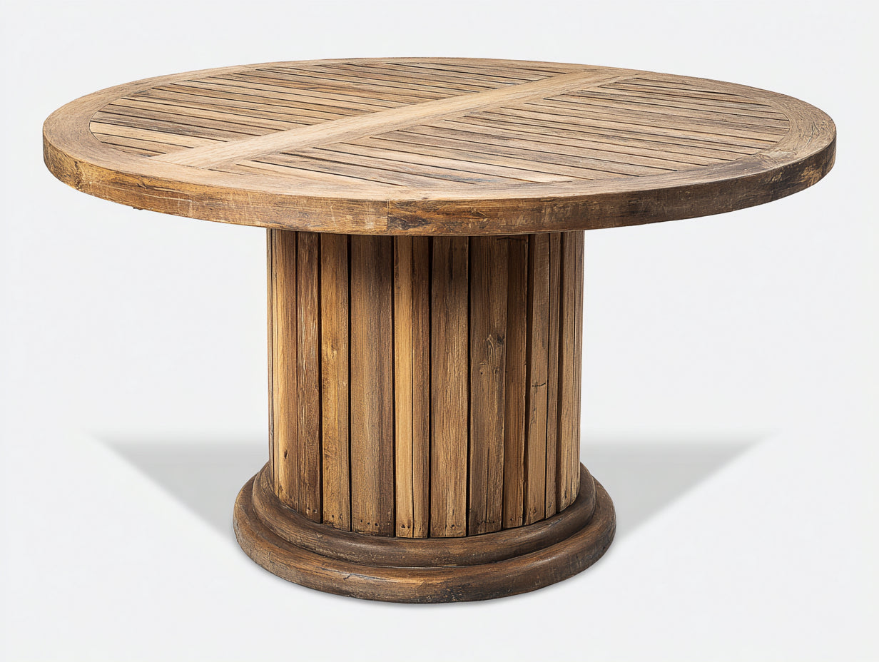 Mesas de jardín redondas de madera maciza 120x120x76 cm - Madera natural - Tablero de lamas con base central cilíndrica para terraza y patio