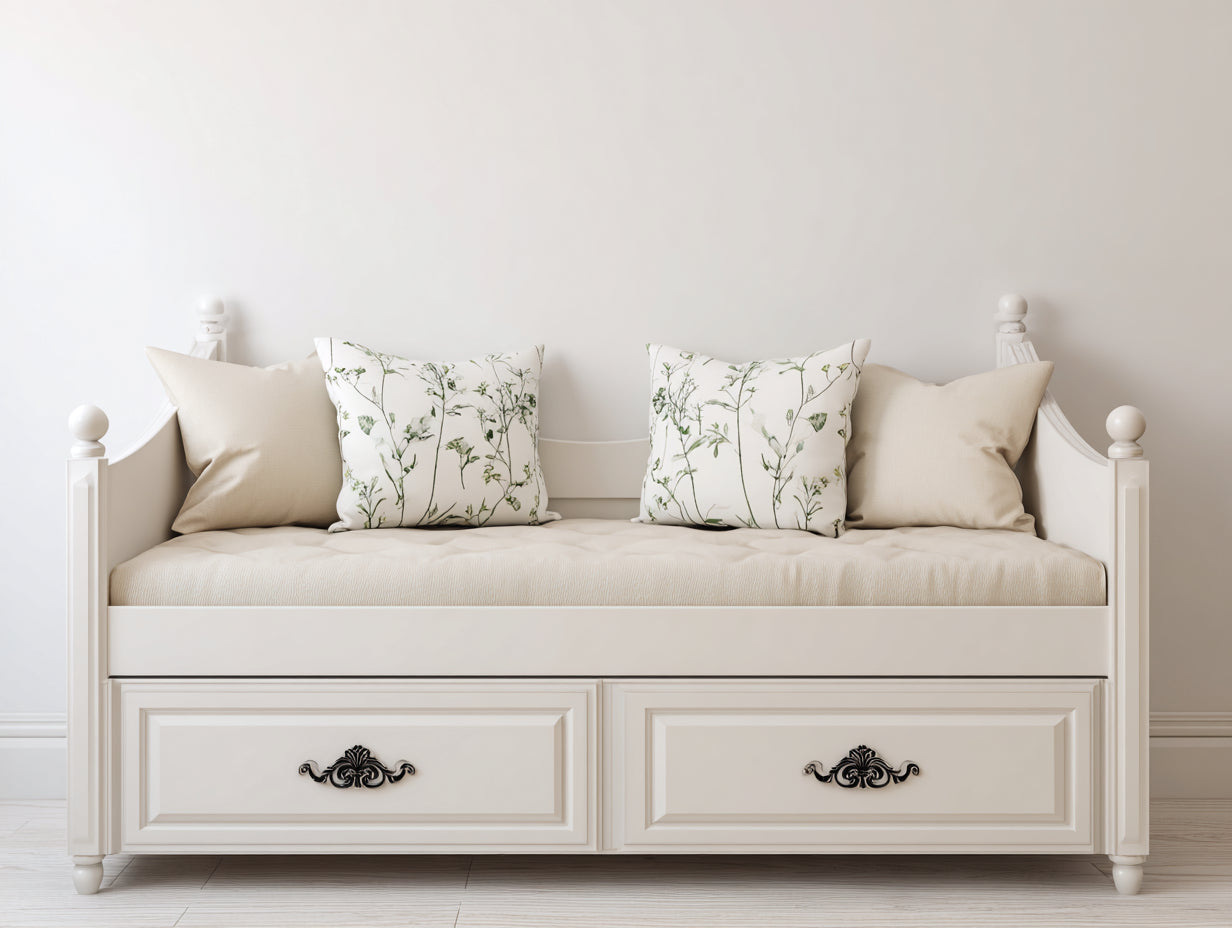 Sofá cama de madera 205x95x92 cm - Blanco y beige - Diseño individual con 2 cajones