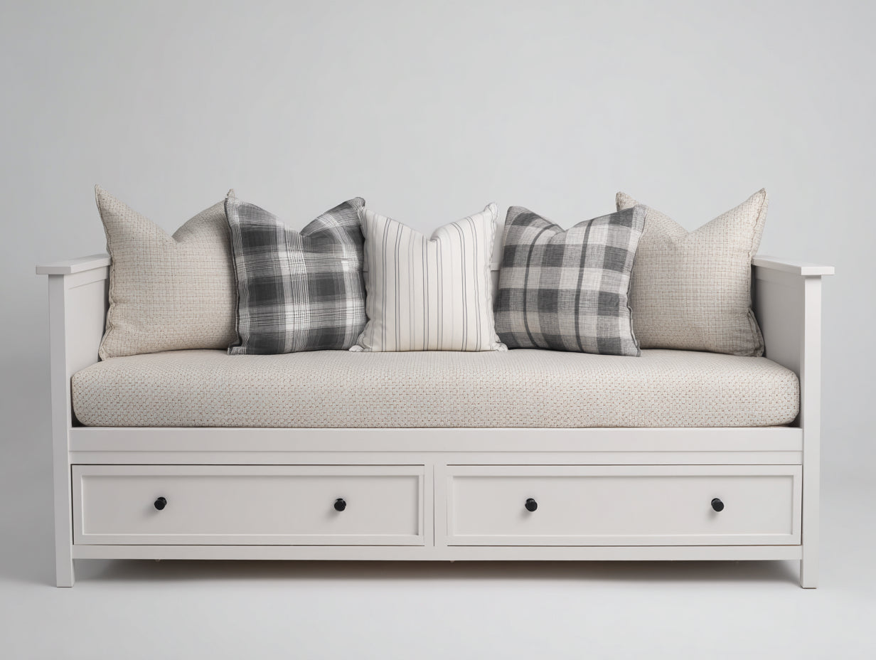 Sofá cama de madera 205 x 95 x 92 cm - Blanco beige y gris - Dos cajones integrados
