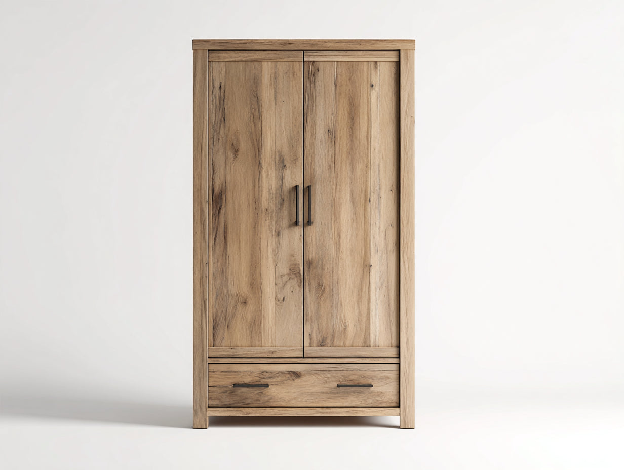 Armarios de madera 100x55x200 cm - Madera natural-Negro - Diseño de 2 puertas con 1 cajón inferior para dormitorio