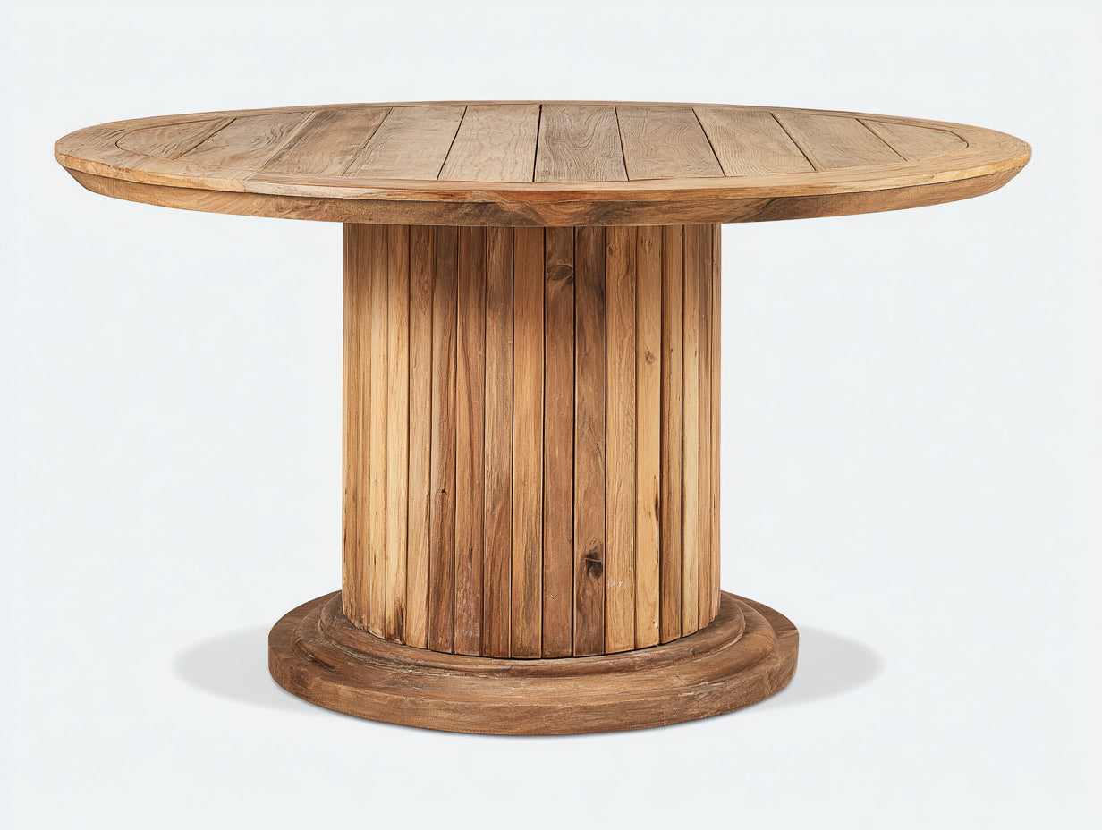 Mesa de jardín redonda de madera 140x140x75 cm - Marrón natural - Base central cilíndrica de listones